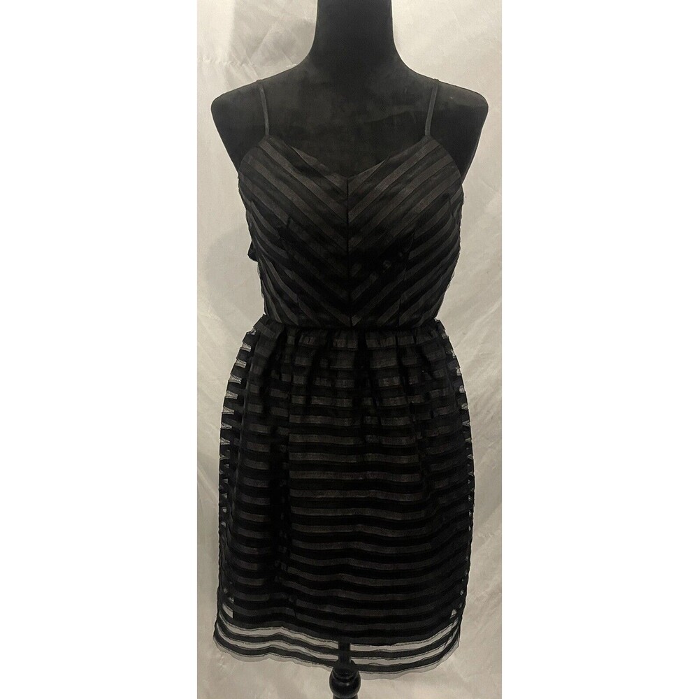 Black Cocktail Dress sheer Horizontal striped Mesh Fit Flare Party